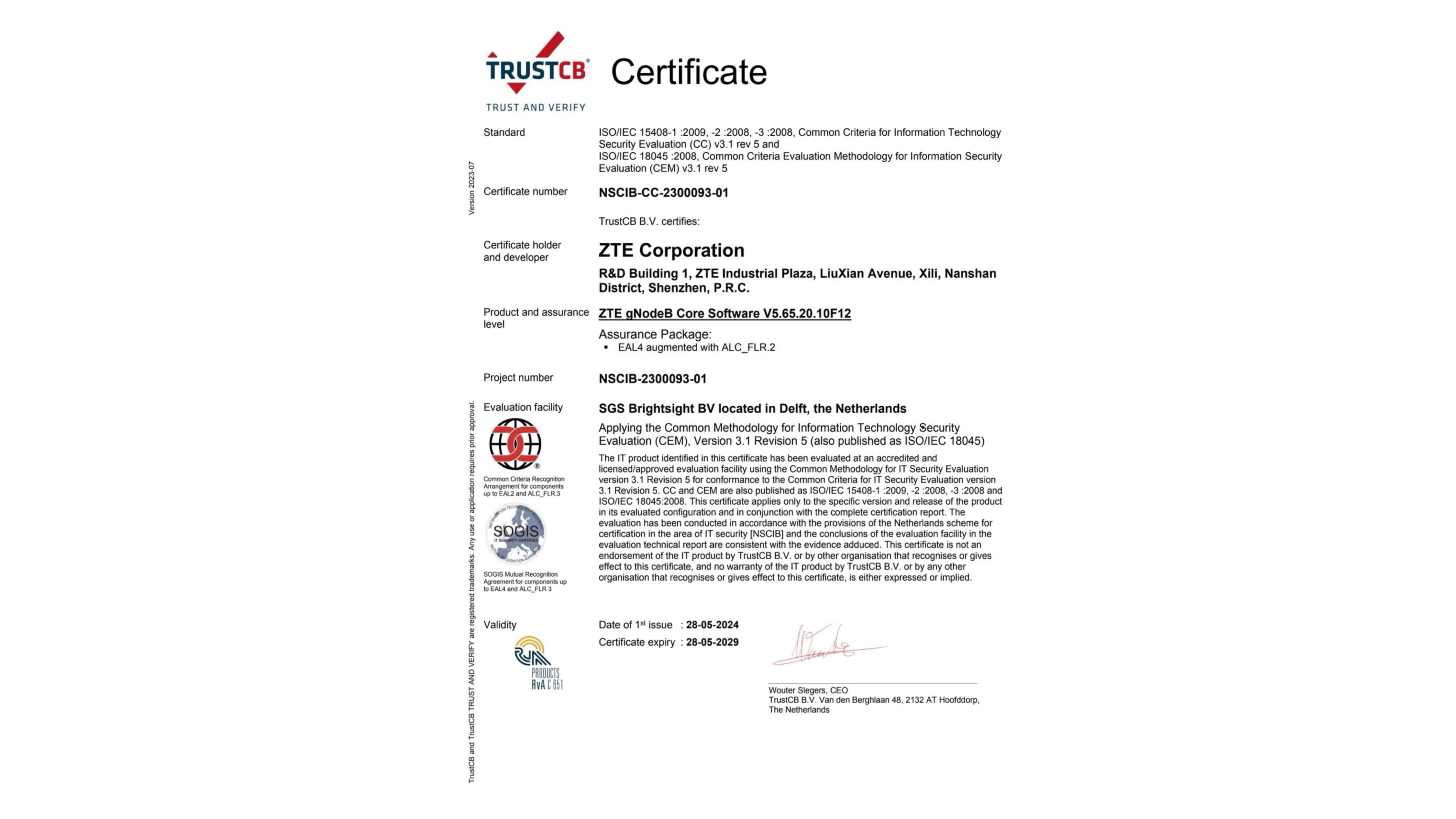 ZTE obtains CC EAL4+ certificate for its 5G RAN products