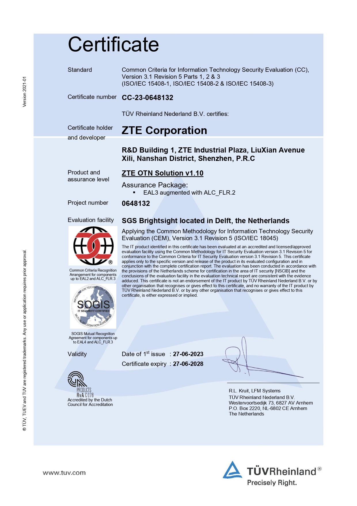 ZTE obtains the CC EAL3+ certificate for its OTN products